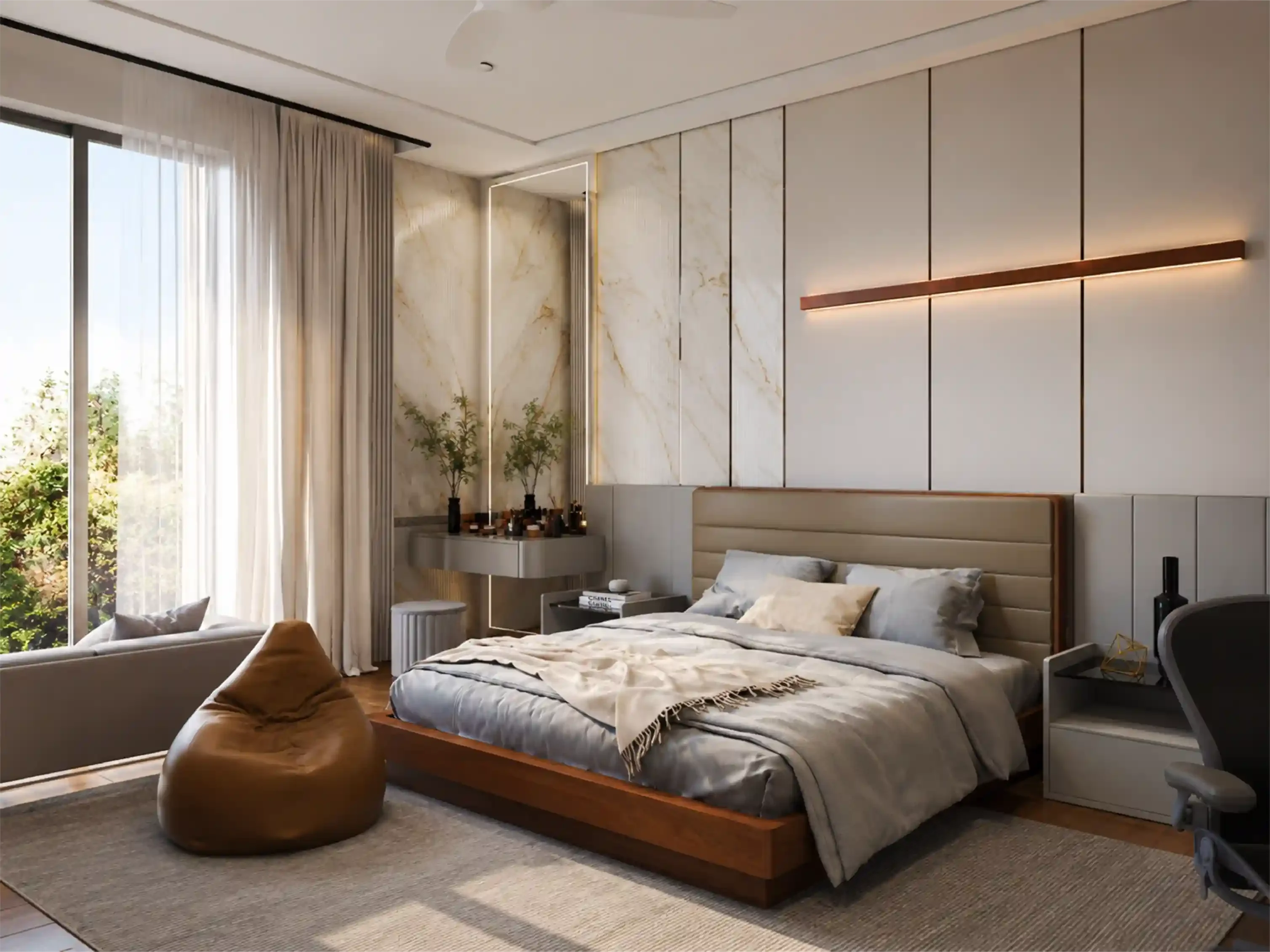 Bedroom interior featuring a dark wood slatted wall