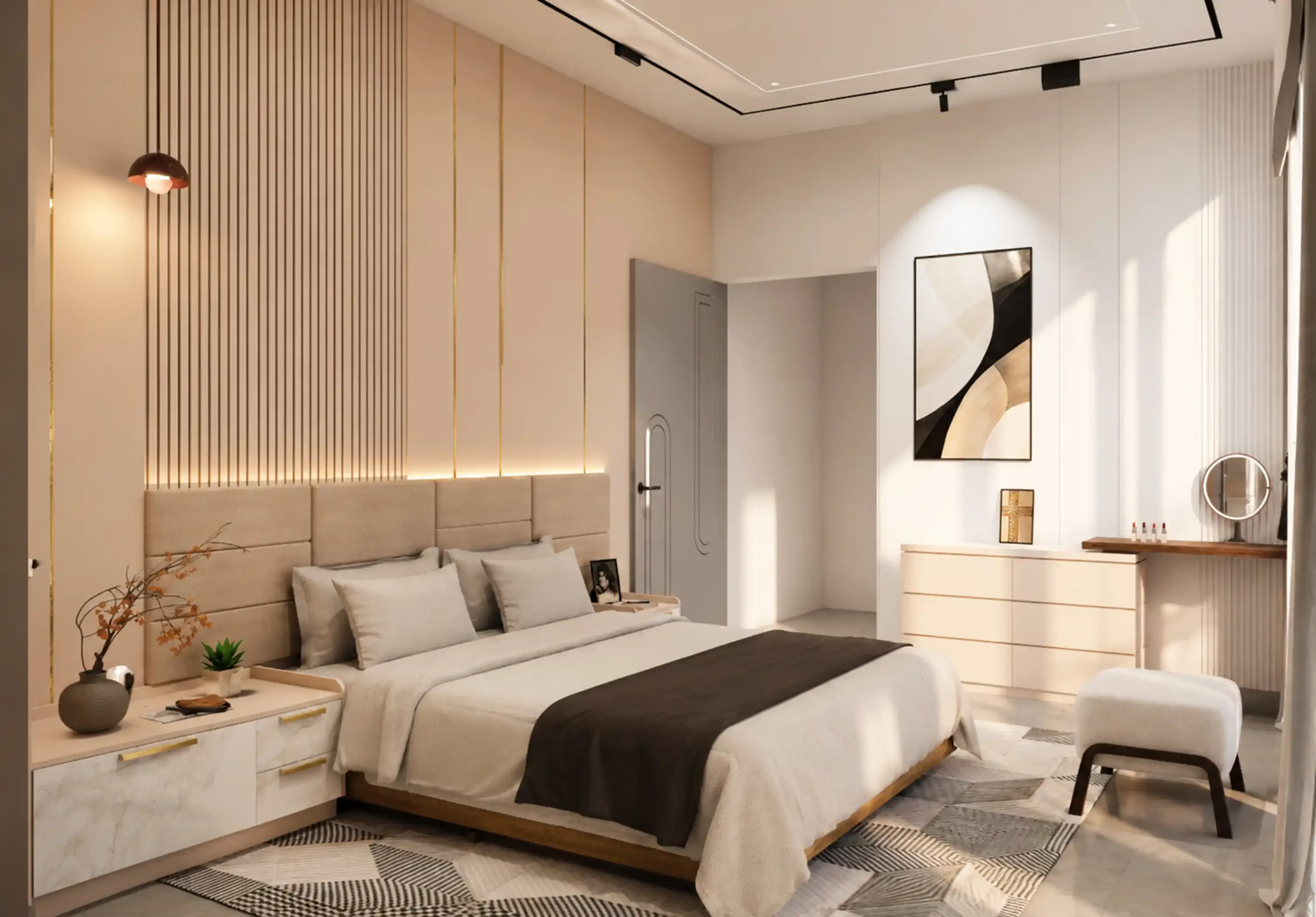 Beige theme bedroom with custom padded wall panels