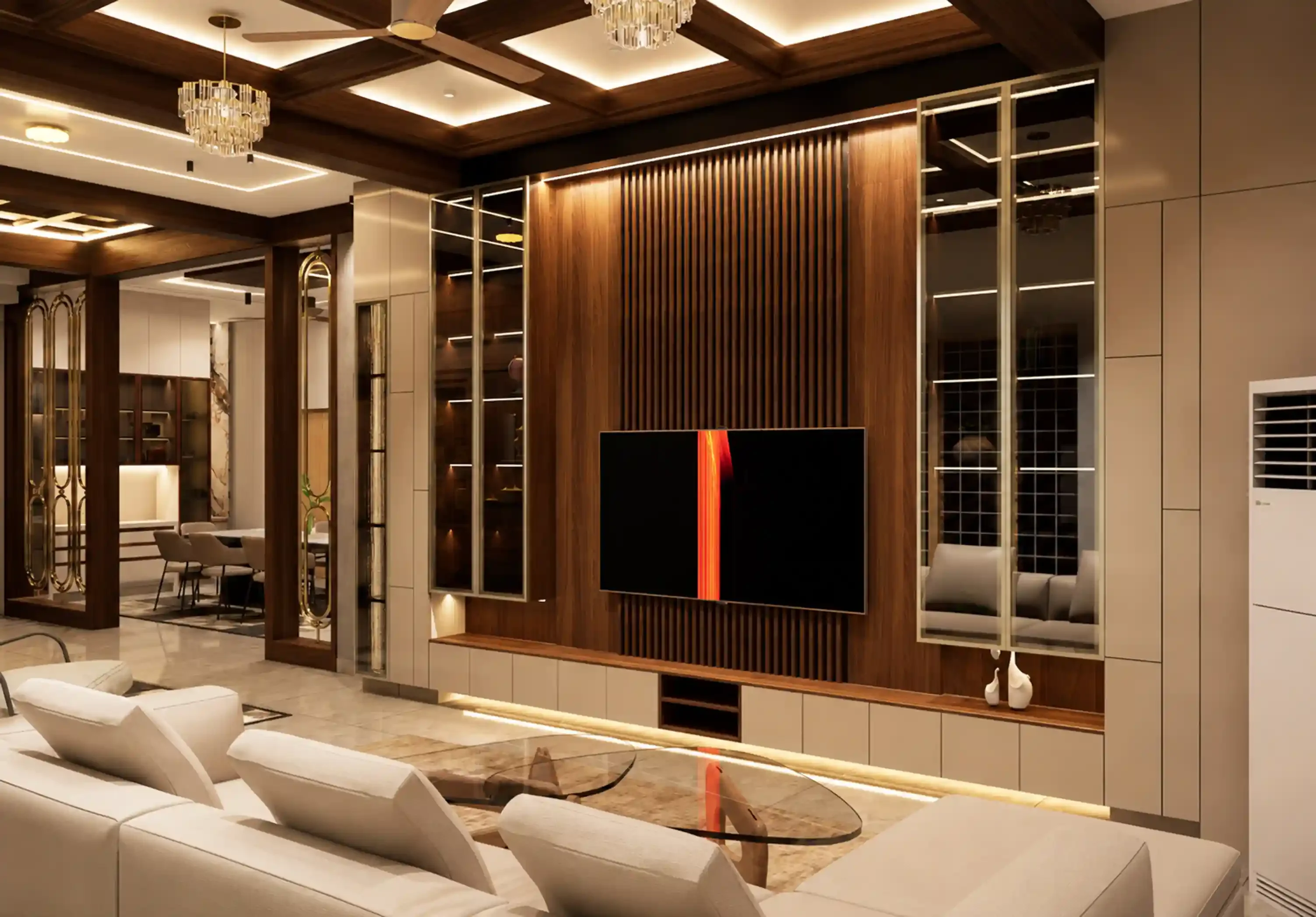 Living room accent wall with custom wooden paneling