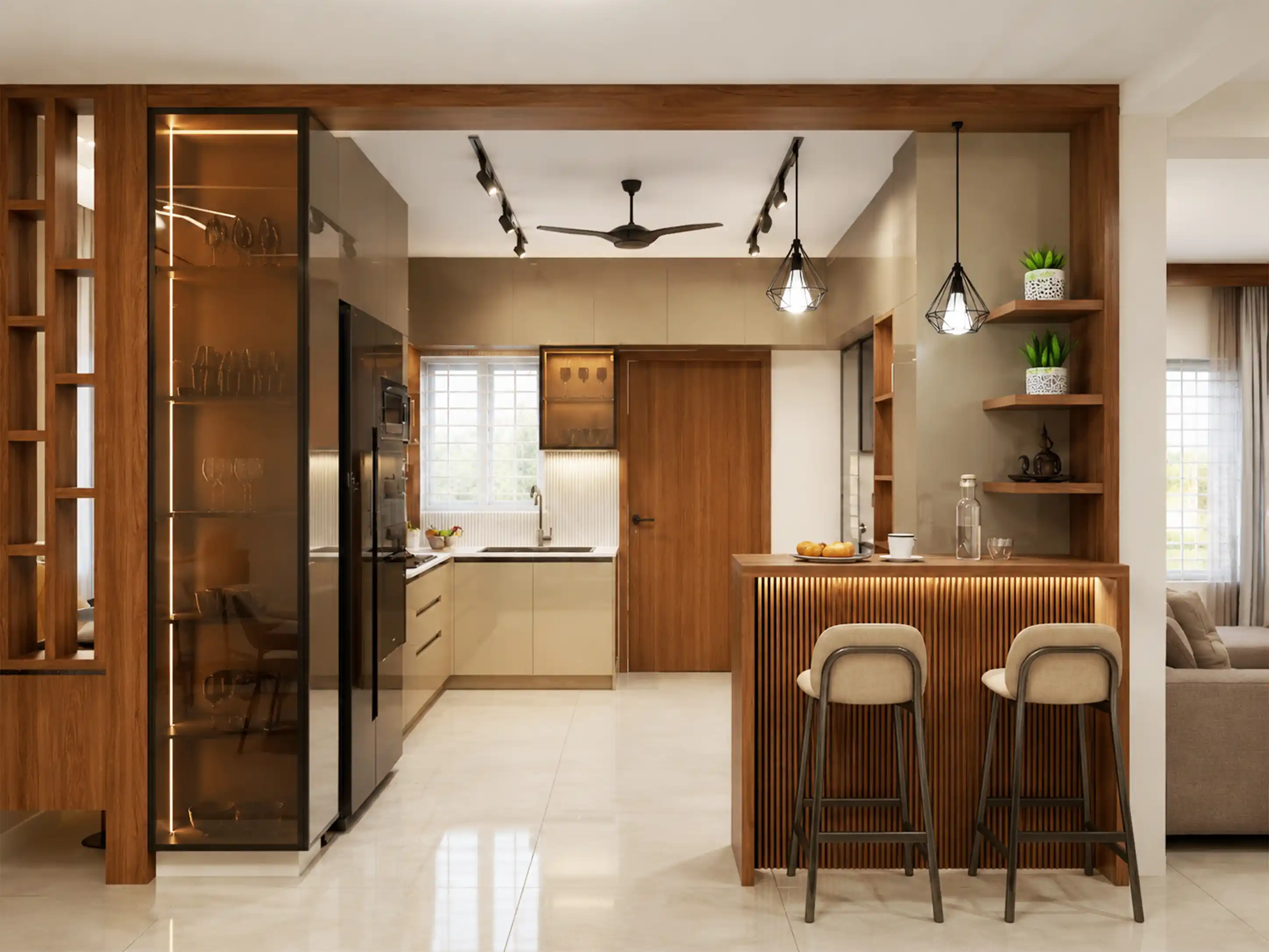 Modern kitchen bar with wood cabinetry, elevated counter seating, and warm pendant lighting
